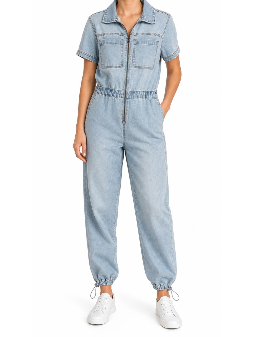 Celebrity Pink Women's Light Wash Denim Zip Utility Short Sleeve Jumpsuit M Y2K